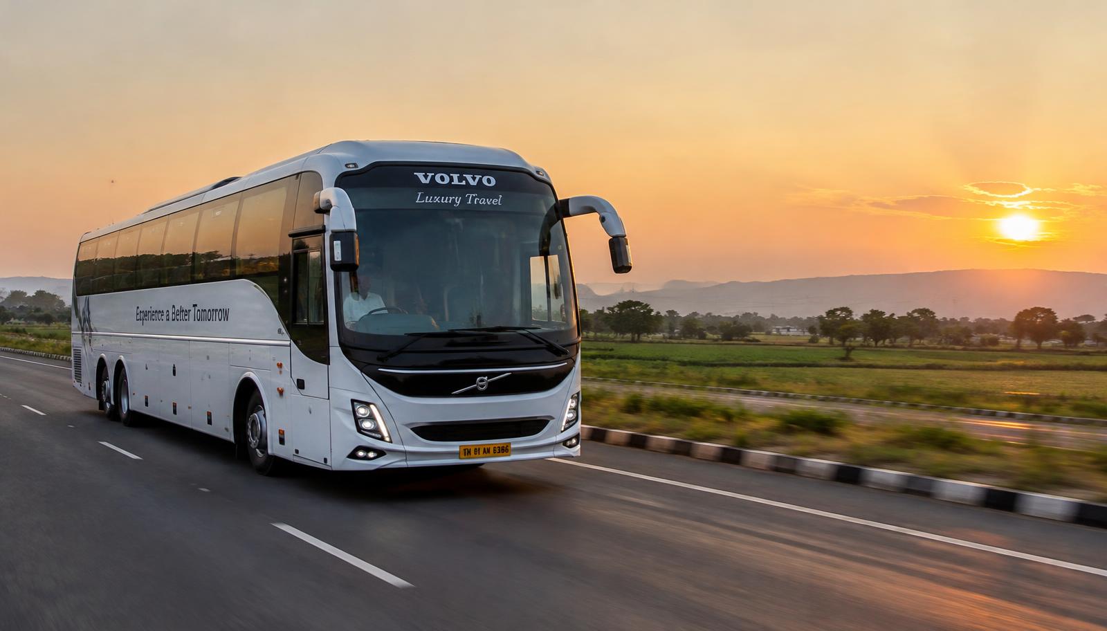 Premium Volvo travel coach on a highway